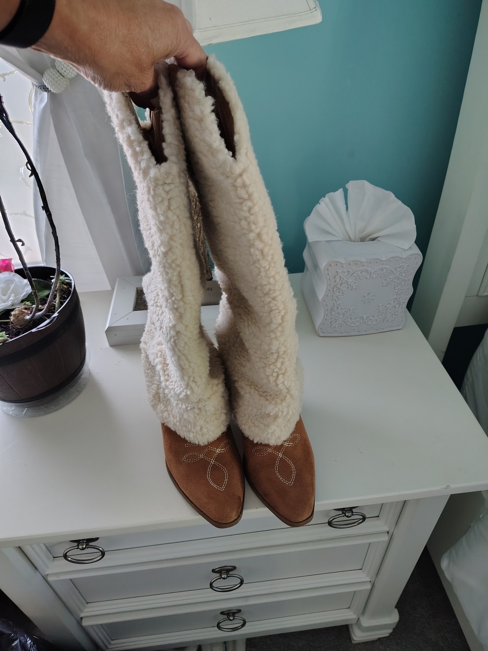 Vince Camuto Cream Shearling Knee Boots with Brown Suede Toe